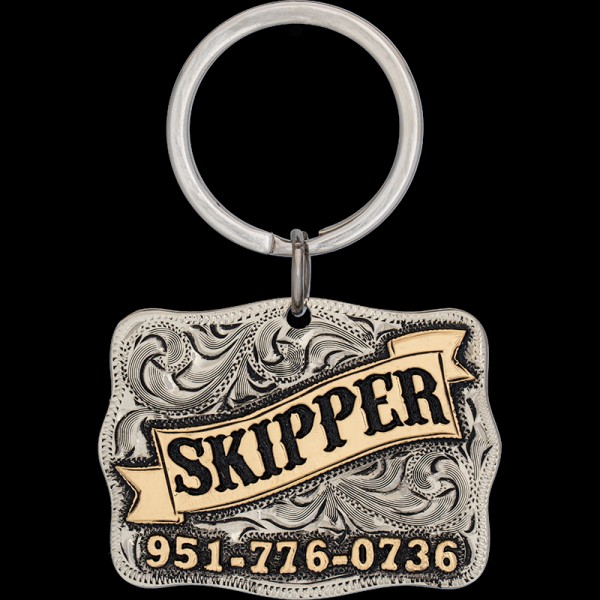 SKIPPER, German silver Base 2" x 1.5" with a beautiful Jewelers Bronze Banner with Black Letters and Antique. 